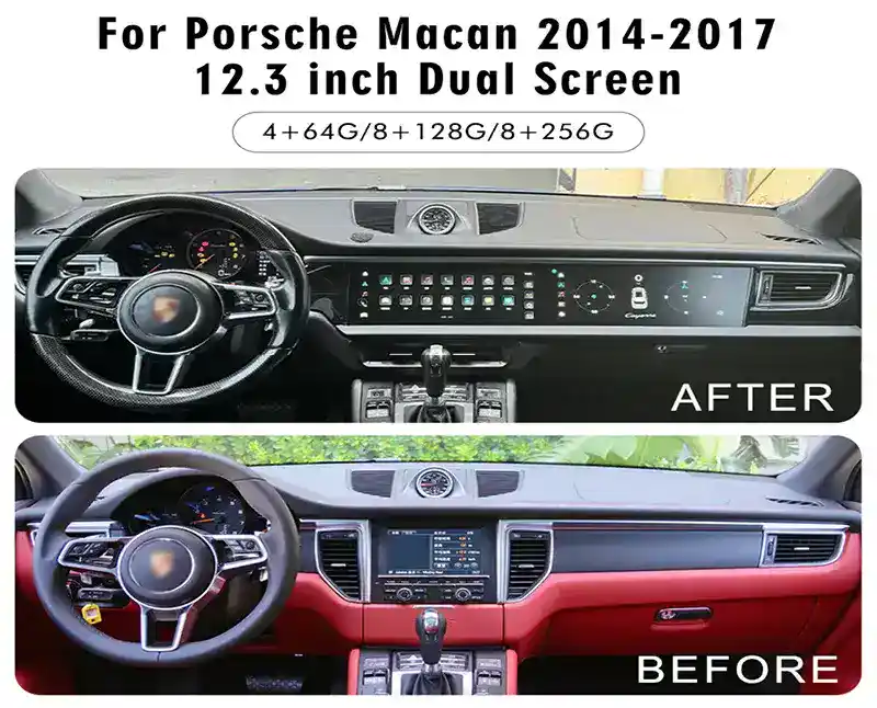 Porsche Cayenne dual screen 12.3 HD Android player for 2014-2017 models, high-resolution passenger entertainment with seamless OEM dash integration.