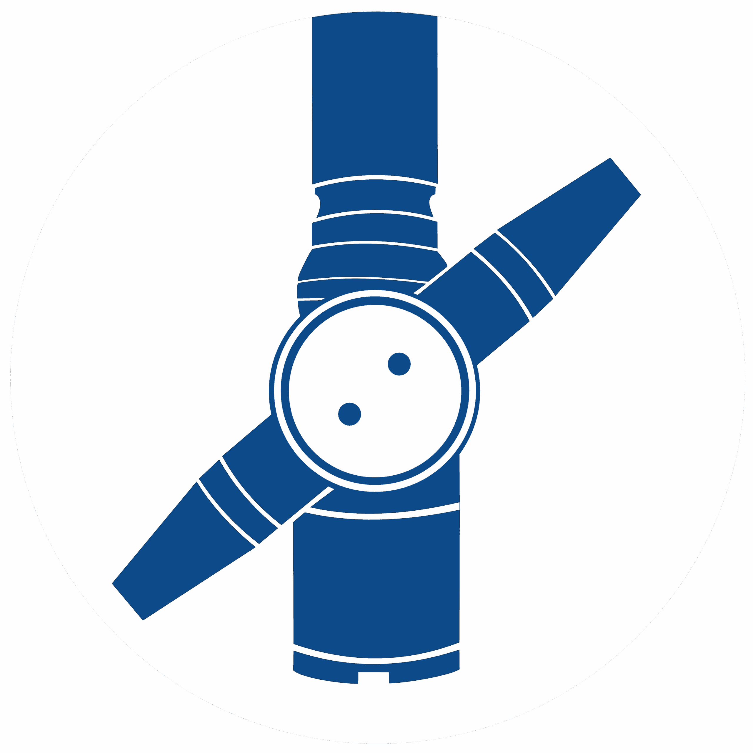 A simplified blue illustration of a spacecraft docking in orbit, shown against a white circular background with a bright cyan border.