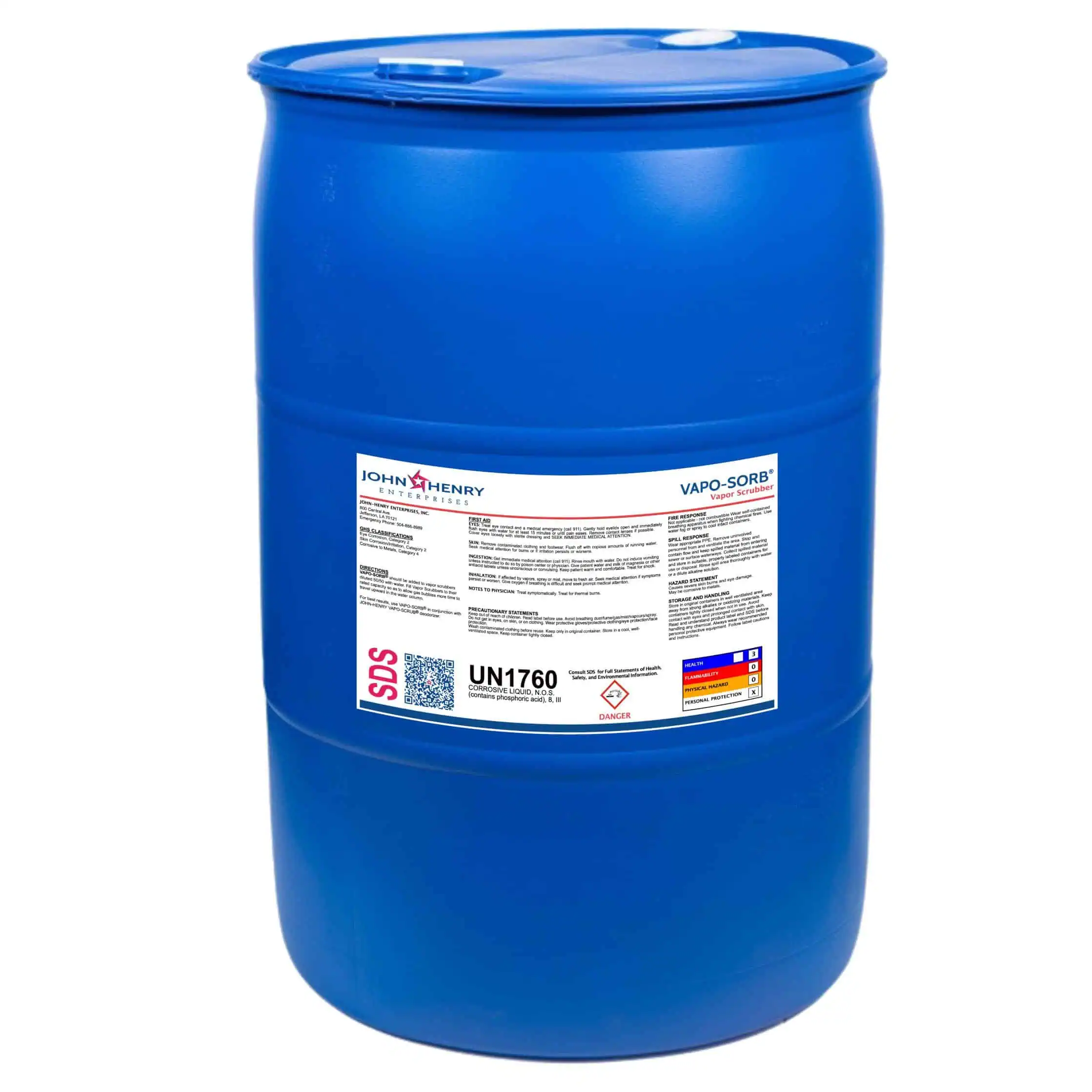 A large blue industrial drum labeled "Vapo-Sorb" with safety information, warnings, and a UN1760 hazardous material identification.
