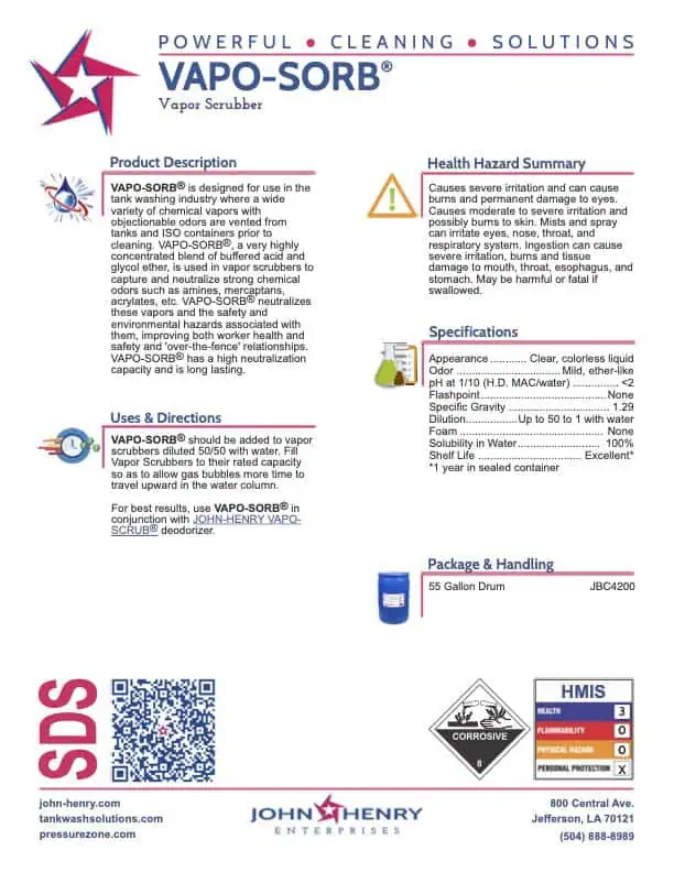 Product sheet for VAPO-SORB® scrubber includes description, uses, safety info, specifications, packaging, and handling details, with icons and QR code for more information.