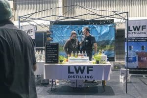 Craft Beer Festival stall showcasing Taranaki-made LWF Distilling spirits at the Taranaki Beer Festival, New Zealand.