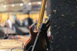 Electric guitar on stage at Taranaki Beer Festival, creating lively music atmosphere in Taranaki, New Zealand.
