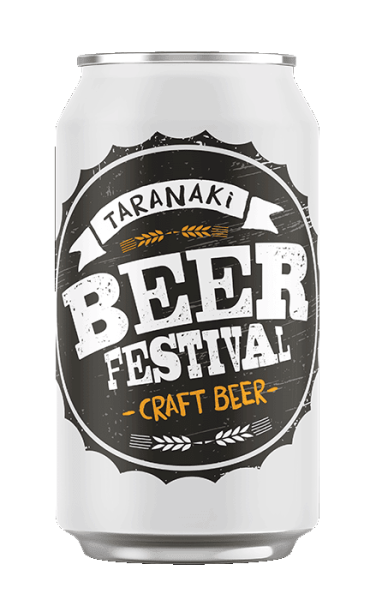 Craft beer can with Taranaki Beer Festival logo, promoting local beer events in New Zealand.