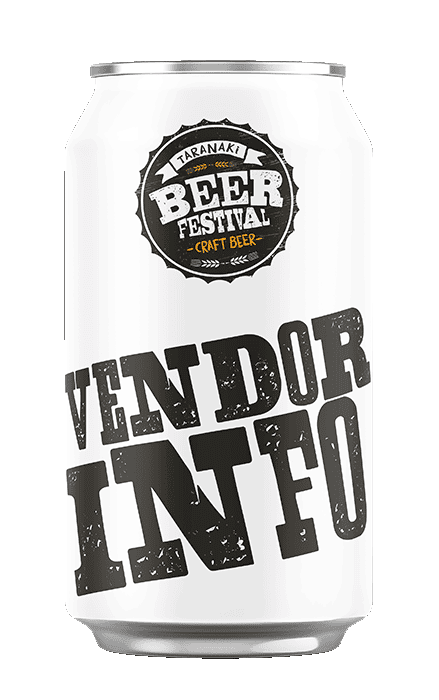 Taranaki Beer Festival vendor info can badge on craft beer can, New Zealand event.