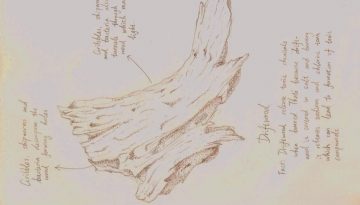 Detailed hand-drawn sketch of driftwood with notes on its texture and composition, highlighting natural beauty and elemental forces in Taranaki.