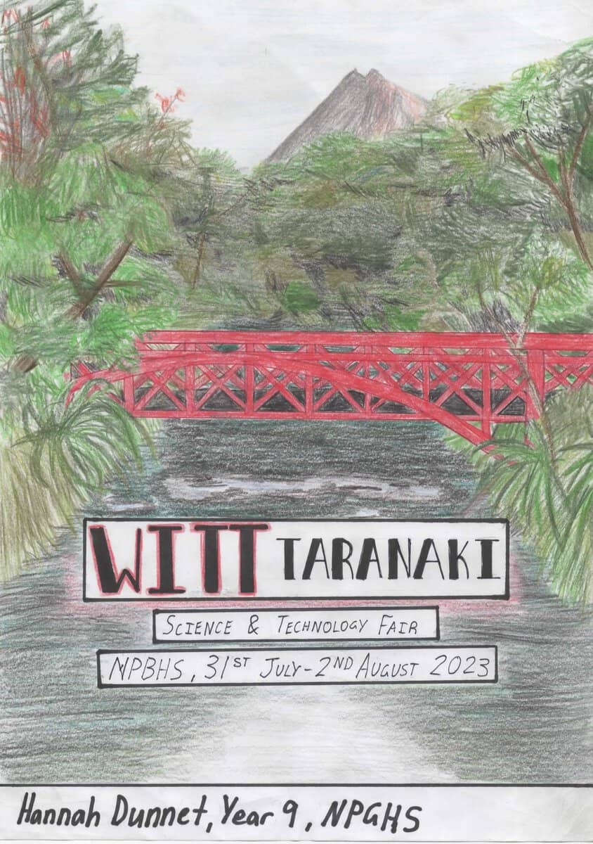Colourful drawing of a bridge over water with trees and mountains in the background, promoting the Taranaki Science & Technology Fair.
