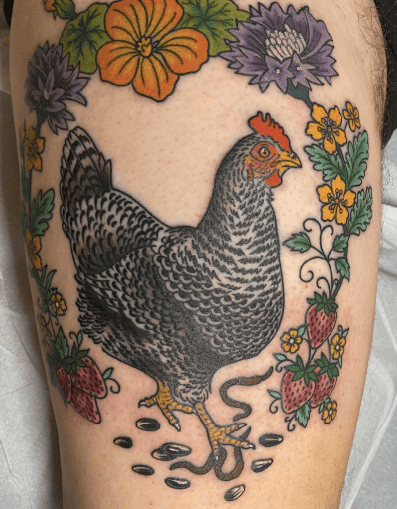 Plymouth Rock Flower Chicken Tattoo