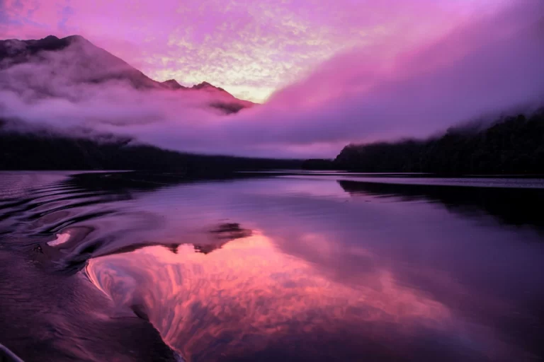 Southern Secret overnight cruise guests wake to a pink sunrise over Doubtful Sound, Fiordland.