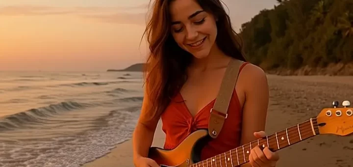 Disparo de una joven tocando la guitarra eléctrica en la playa al atardecer, promoviendo servicios de producción audiovisual y eventos de TDMPRODUCCIONES para proyectos creativos y musicales.