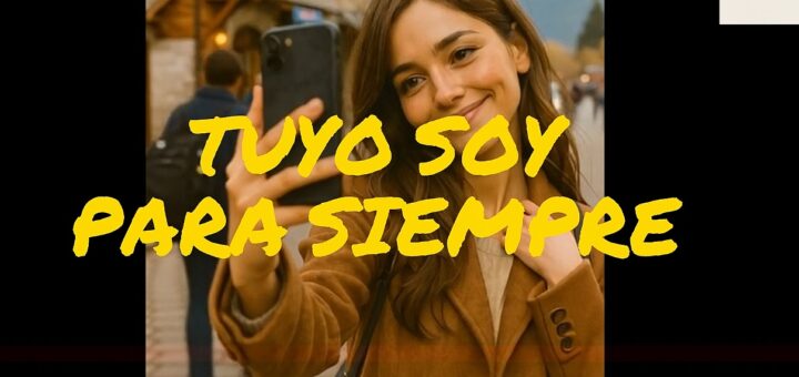 1. Joven mujer tomándose una selfie en un entorno natural con montaña y casas de madera, transmitiendo alegría y autenticidad en eventos y producciones audiovisuales.