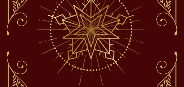 Brilliante estrella navideña dorada con fondo burdeos, diseño elegante para felicitaciones de Navidad, perfectas para eventos, decoraciones festivas y producciones audiovisuales de Navidad en TDM Producciones.