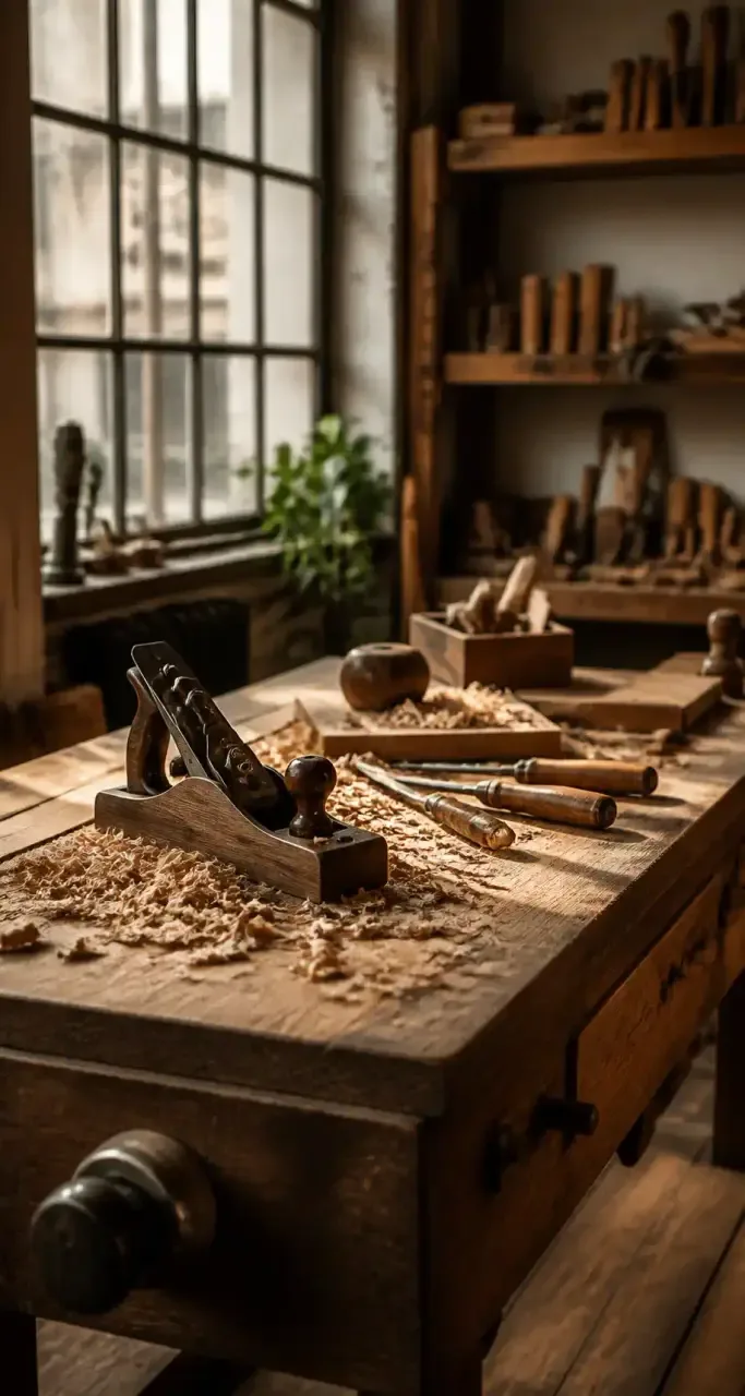 Atelier de menuiserie et établi de travail du teck
