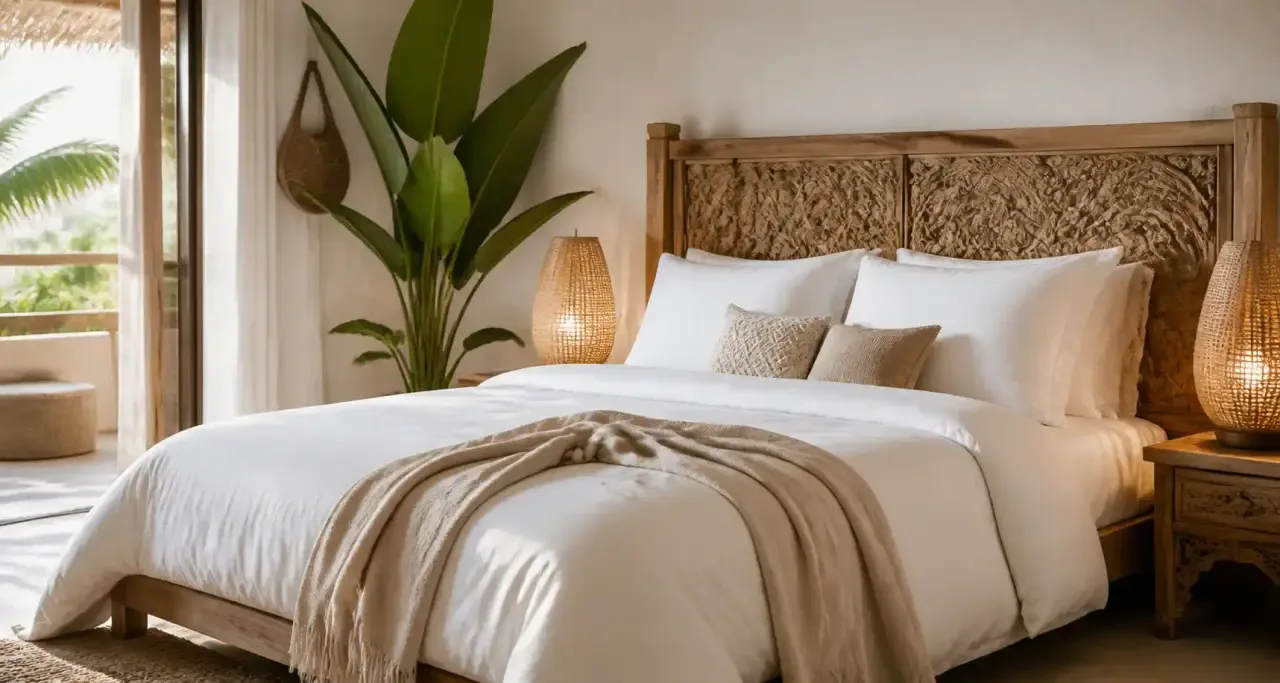 Chambre élégante avec tête de lit en teck