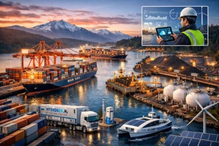 Illustration depicting the Port of Prince Rupert, showing container vessels at the Fairview Terminal, bulk cargo facilities, and emerging clean-energy infrastructure such as hydrogen fueling and zero-emission marine monitoring. The composite visual represents the port’s 2025 cargo growth and decarbonization initiatives. No specific event or moment is shown.