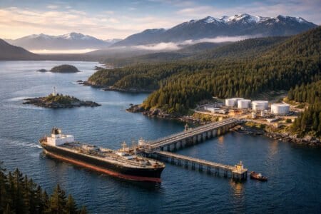 Illustration depicting coastal energy infrastructure and marine shipping along British Columbia’s North Coast.