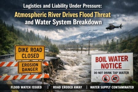 Illustration - An atmospheric river and rapid snowmelt triggered rising river levels across the Kitimat–Terrace region, prompting flood advisories, road closures, and a boil water notice as local infrastructure faced significant strain.