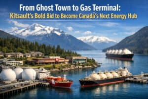 Illustration of Kitsault’s waterfront and surrounding mountains, showing the abandoned town and a proposed energy export terminal.