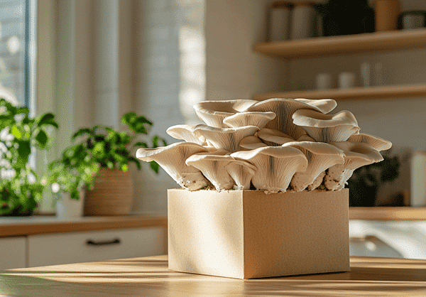 Champignon en bois de santal dans un emballage en carton, intérieur lumineux.