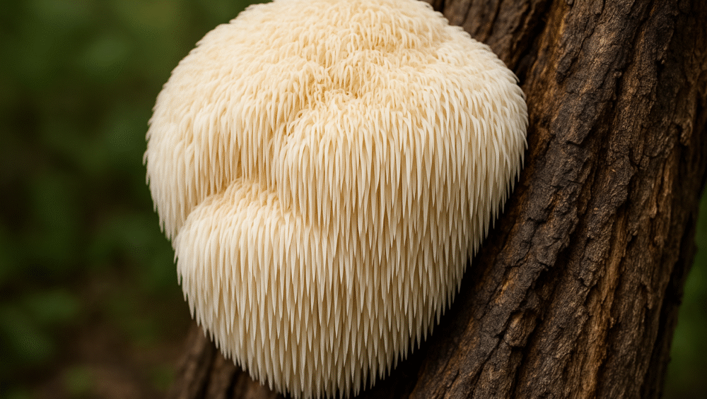 Champignon hydne hérisson (Hericium erinaceus) en culture, gros plan réaliste sur ses aiguillons blancs