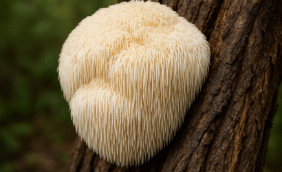Champignon hydne hérisson (Hericium erinaceus) en culture, gros plan réaliste sur ses aiguillons blancs