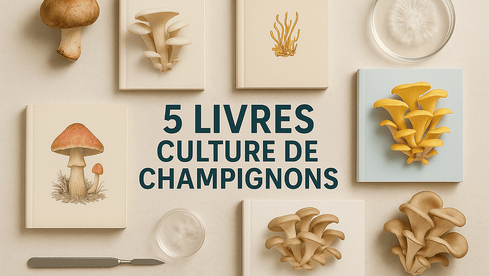 Champignons cultivés sur livres pour la culture mycologique, présentation artistique et éducative.