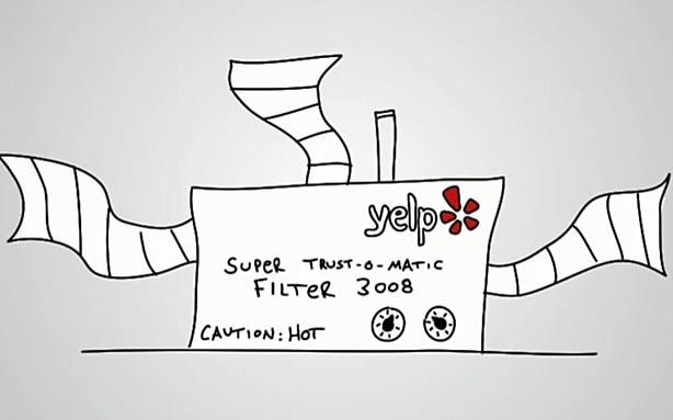 Illustration of a machine labeled "Yelp Super Trust-o-Matic Filter 2008" with pipes and warning sign.