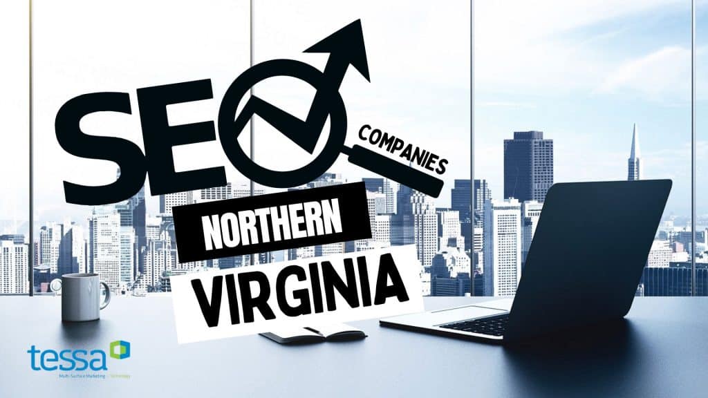 SEO companies in Northern Virginia with digital marketing tools and city skyline background.