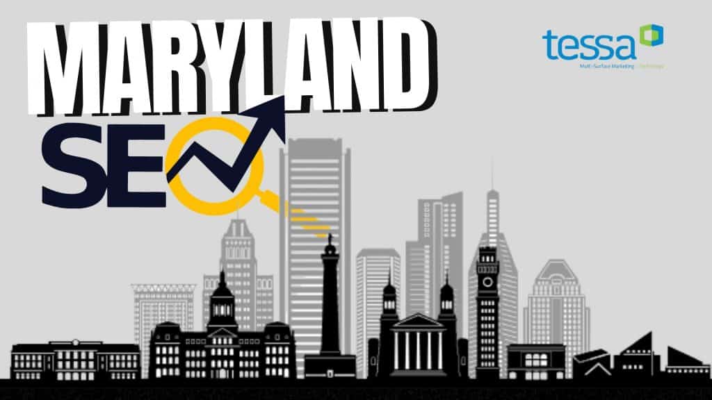 Maryland SEO skyline with city buildings and upward arrow for digital marketing.