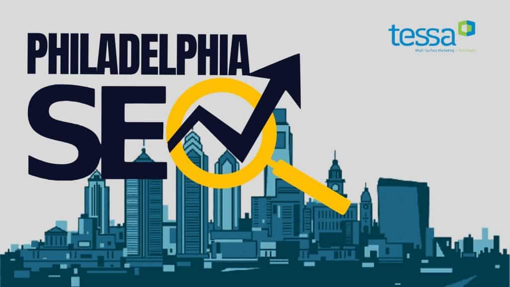 Philadelphia skyline with SEO growth arrow, representing local SEO services by TESSA.