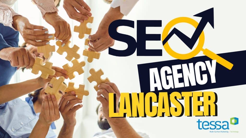 Group of diverse people assembling puzzle pieces for SEO strategy in Lancaster.