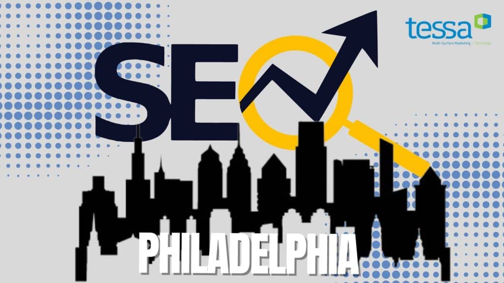 SEO Philadelphia skyline with upward arrow and magnifying glass.