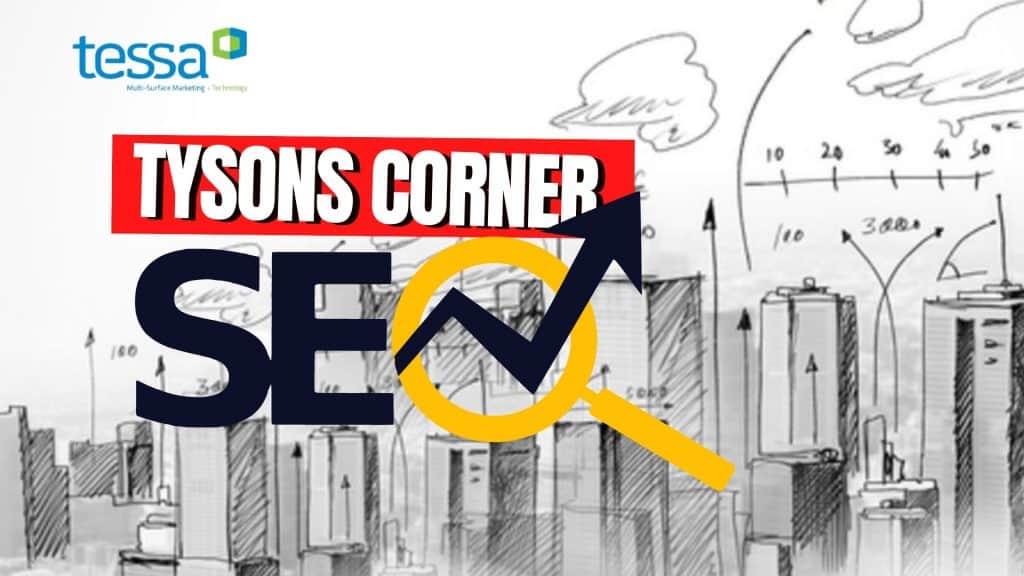 Tysons Corner skyline with SEO growth graph and magnifying glass.