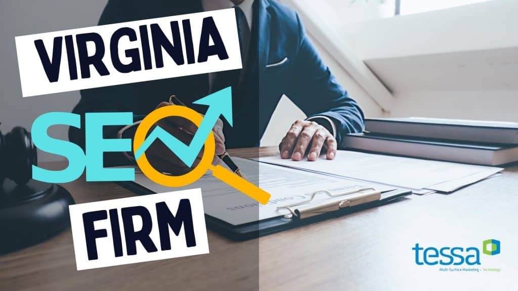 Business professional working at desk with Virginia SEO Firm branding.
