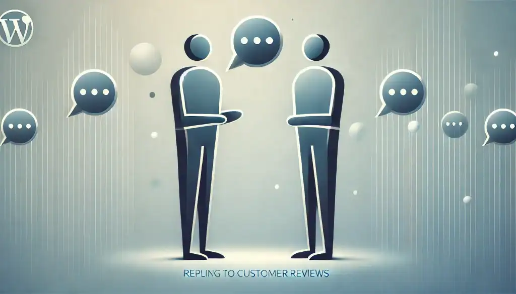 Two figures exchanging review responses with speech bubbles, emphasizing customer engagement.