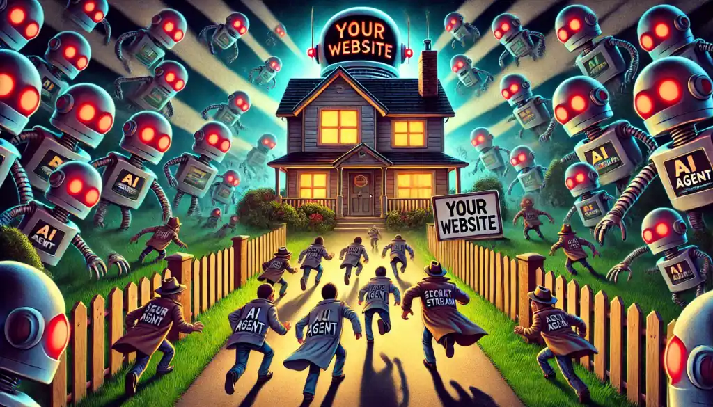 AI robots surrounding a house with "Your Website" signs, representing cybersecurity.