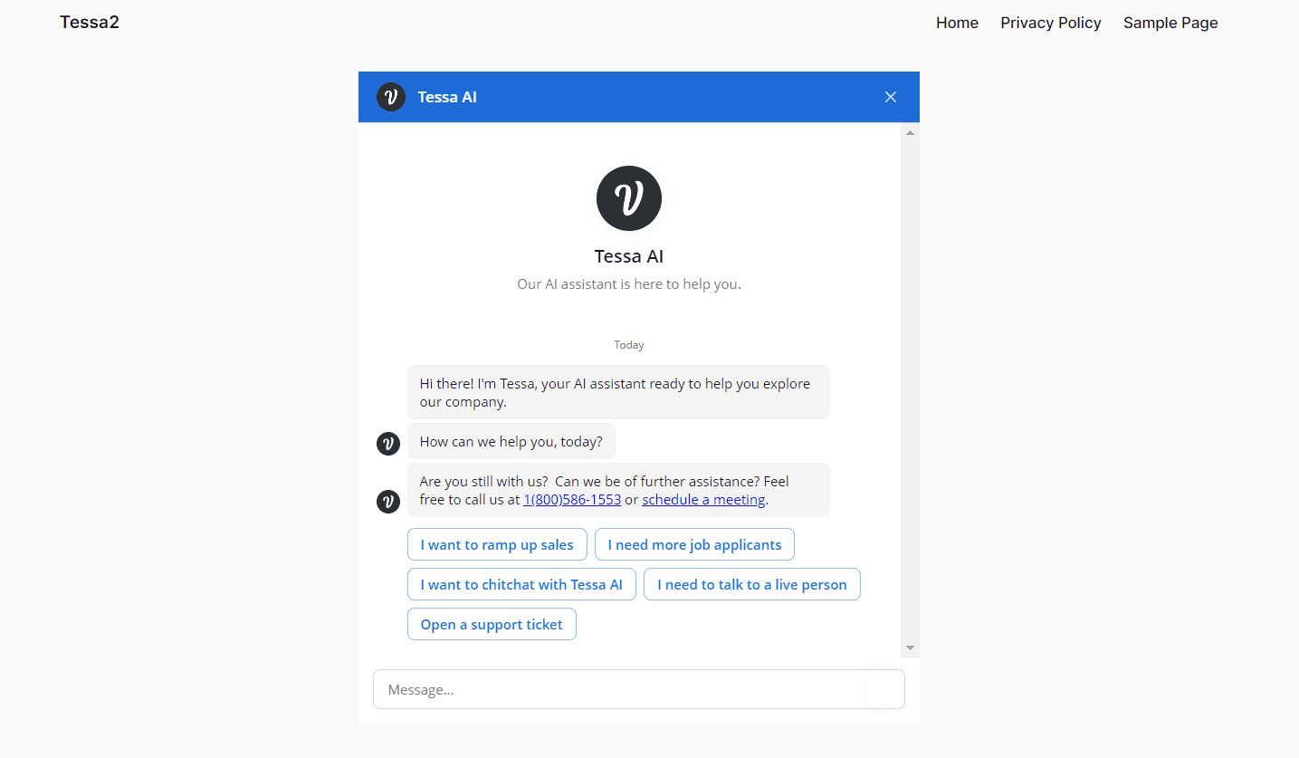 TESSA AI chatbot interface for customer support and inquiries.
