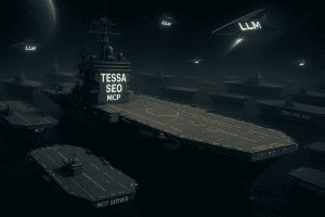 Military-style fleet of ships with TESSA SEO MCP label in space.