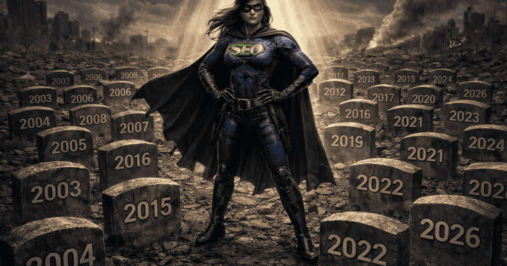 Female superhero in a digital landscape with year milestones and technology elements.