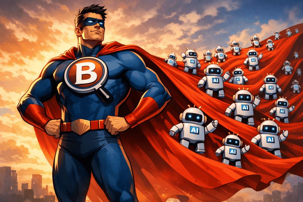 Superhero with AI robots in a futuristic cityscape at sunset.