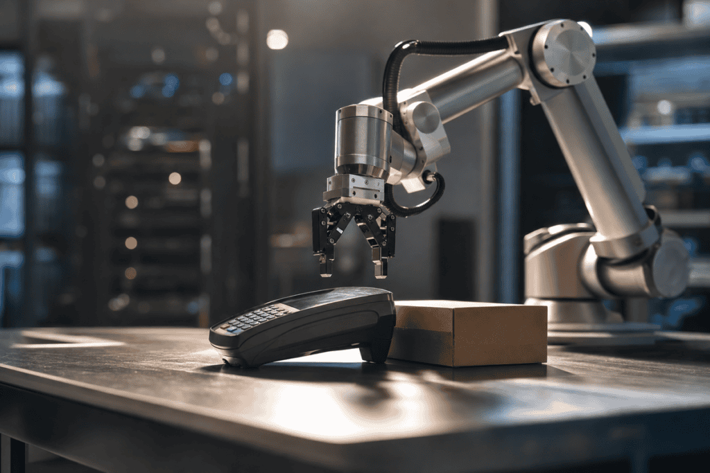 Robotic arm assembling products in a high-tech factory setting.