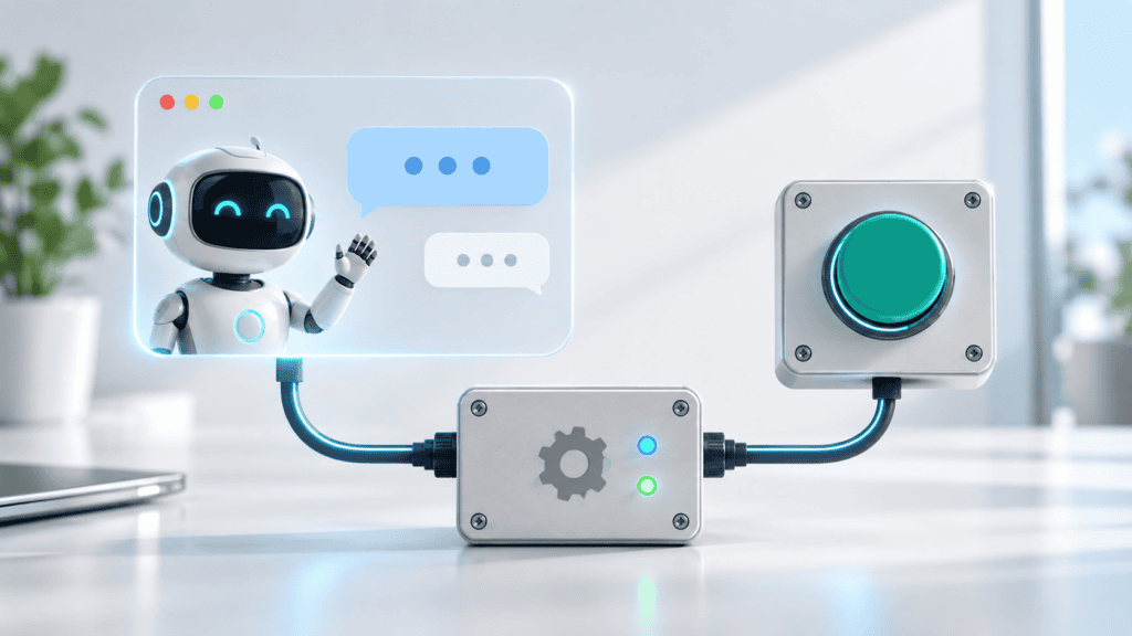 Cute AI robot with a control button and chat bubbles on a desk.