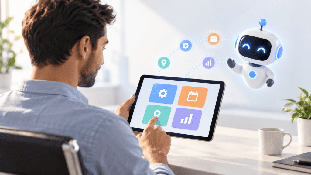 Person using tablet with AI robot floating nearby in a modern office.