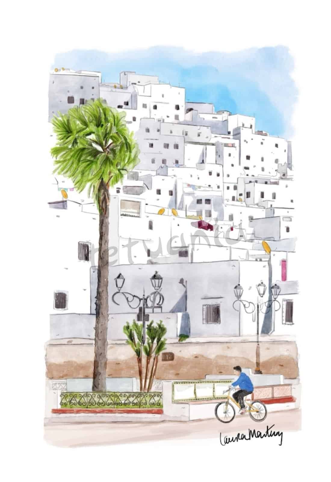 Vista artística de Tetuán con casas blancas y palmera en primer plano.