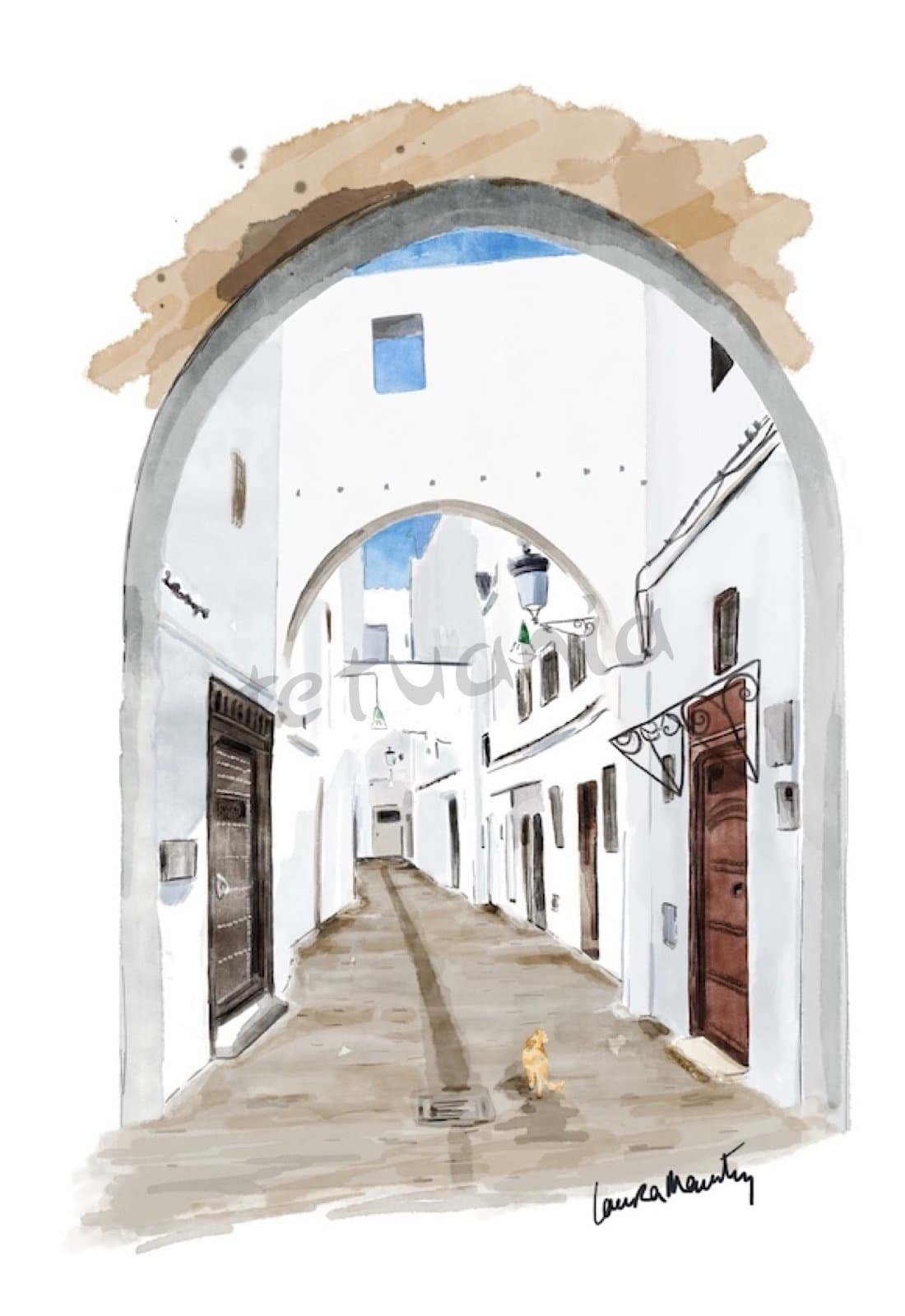 Puerta y calle en Tetuán, Marruecos, en estilo acuarela.
