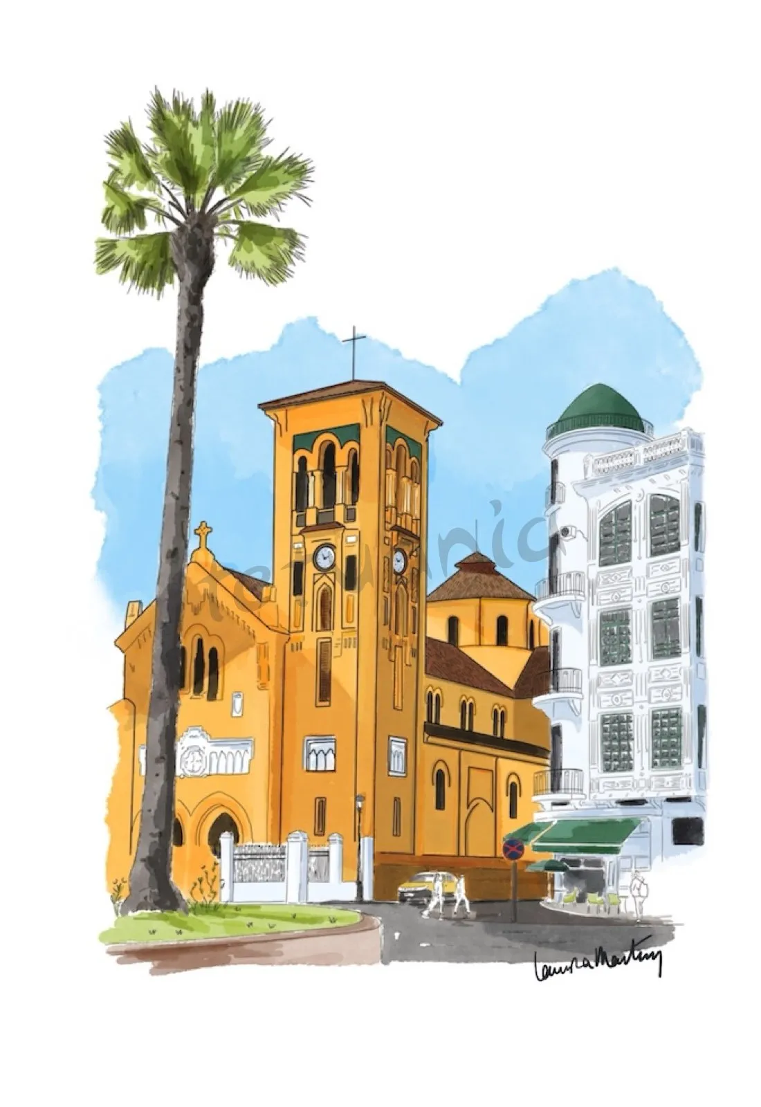 Edificio histórico en Tetuán con palmera en primer plano.
