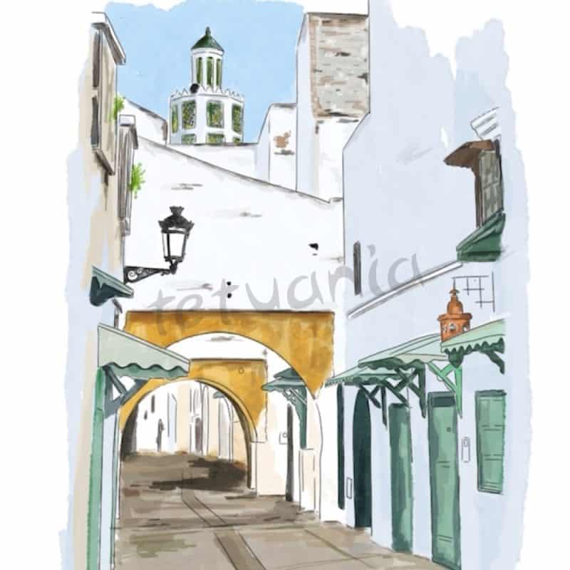 Pintura acuarela de una calle en Tetuán con edificios tradicionales y un arco, capturando la esencia.