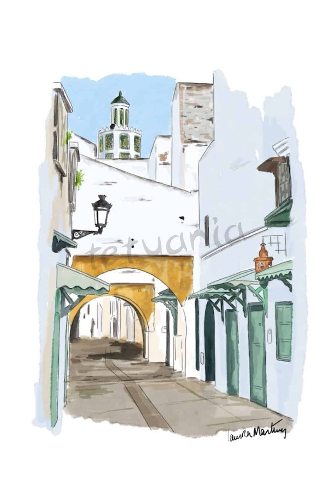 Pintura acuarela de una calle en Tetuán con edificios tradicionales y un arco, capturando la esencia.