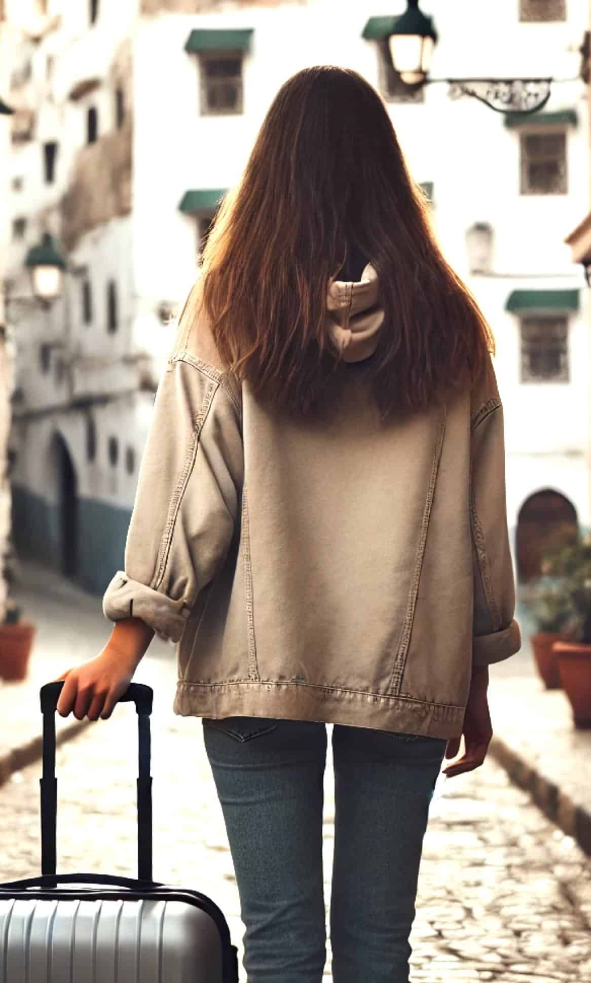 Mujer con maleta en calle de Tetuán, guía de viaje.