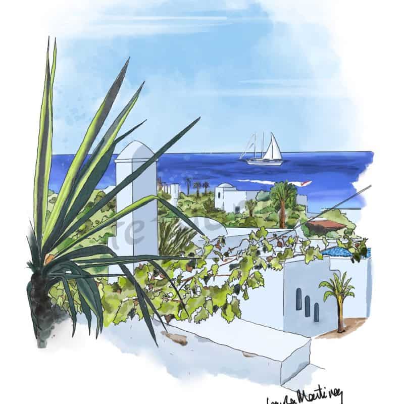 Acuarela de Tetuán y la costa de Cabo Negro con vistas al mar.