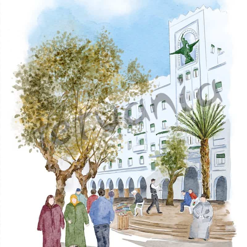 Acuarela del Edificio El Fénix en Tetuán, con árboles y personas en la plaza.